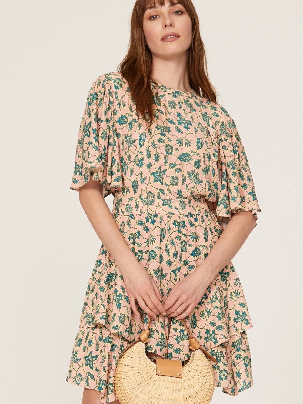Derek Lam Collective Designer Peach and Teal Floral Ruffle Dress